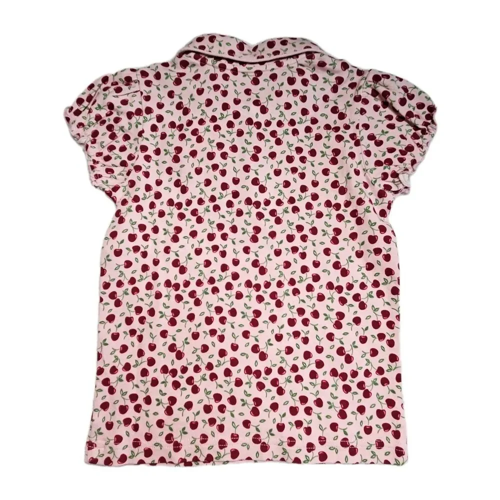 Vintage Gymboree Top Girls Size 5 Pink Red Polo Cherry Pie Line All Over Print